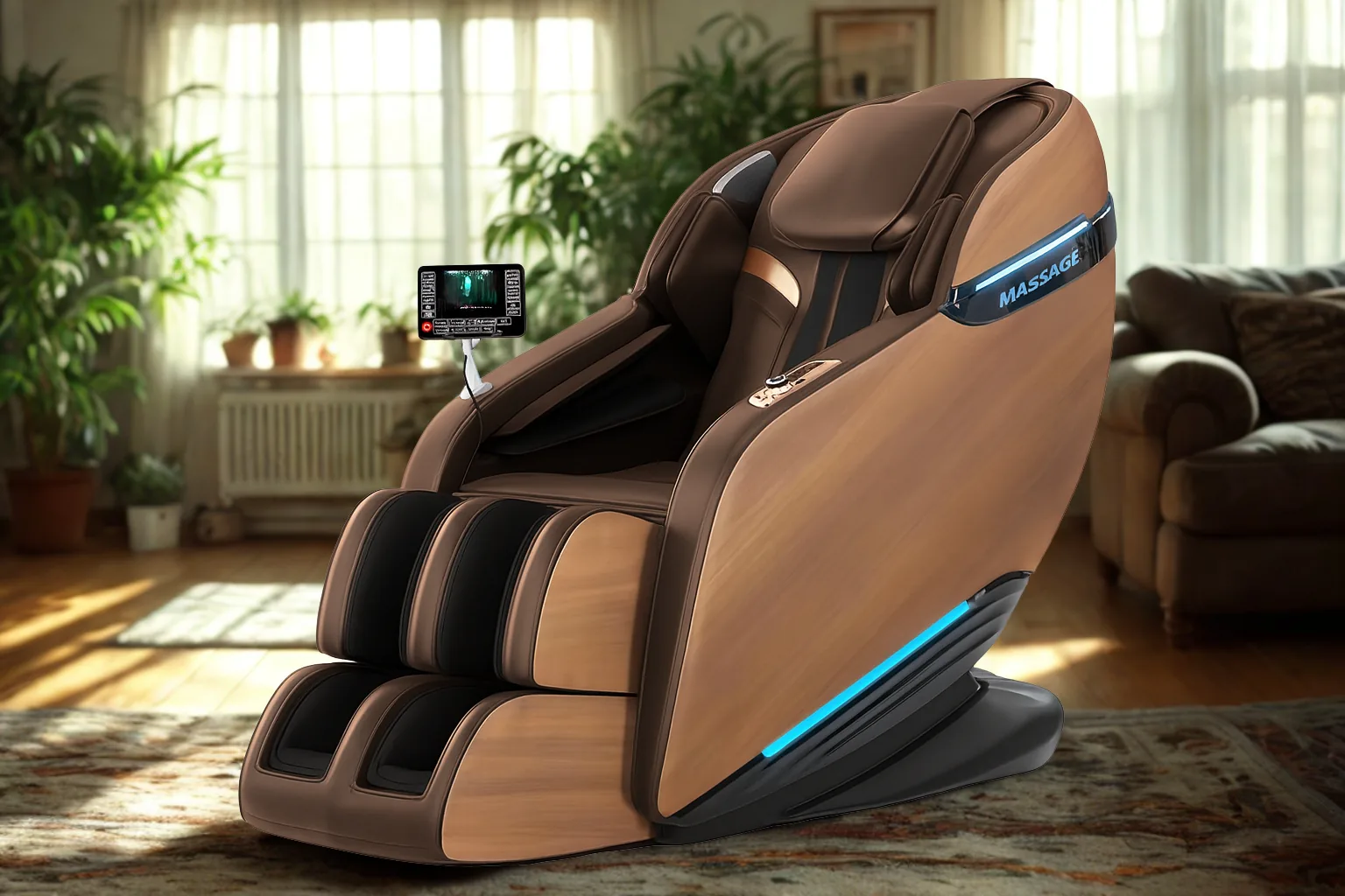 iRELAX Pure Massagesessel in Wood-Grain-Optik – Seitenansicht im Wohnraum