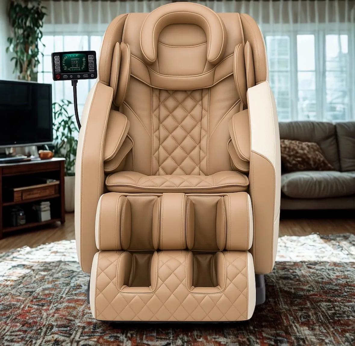 iRELAX Go Massagesessel in Beige – Sitzfläche und Beinauflage im Detail