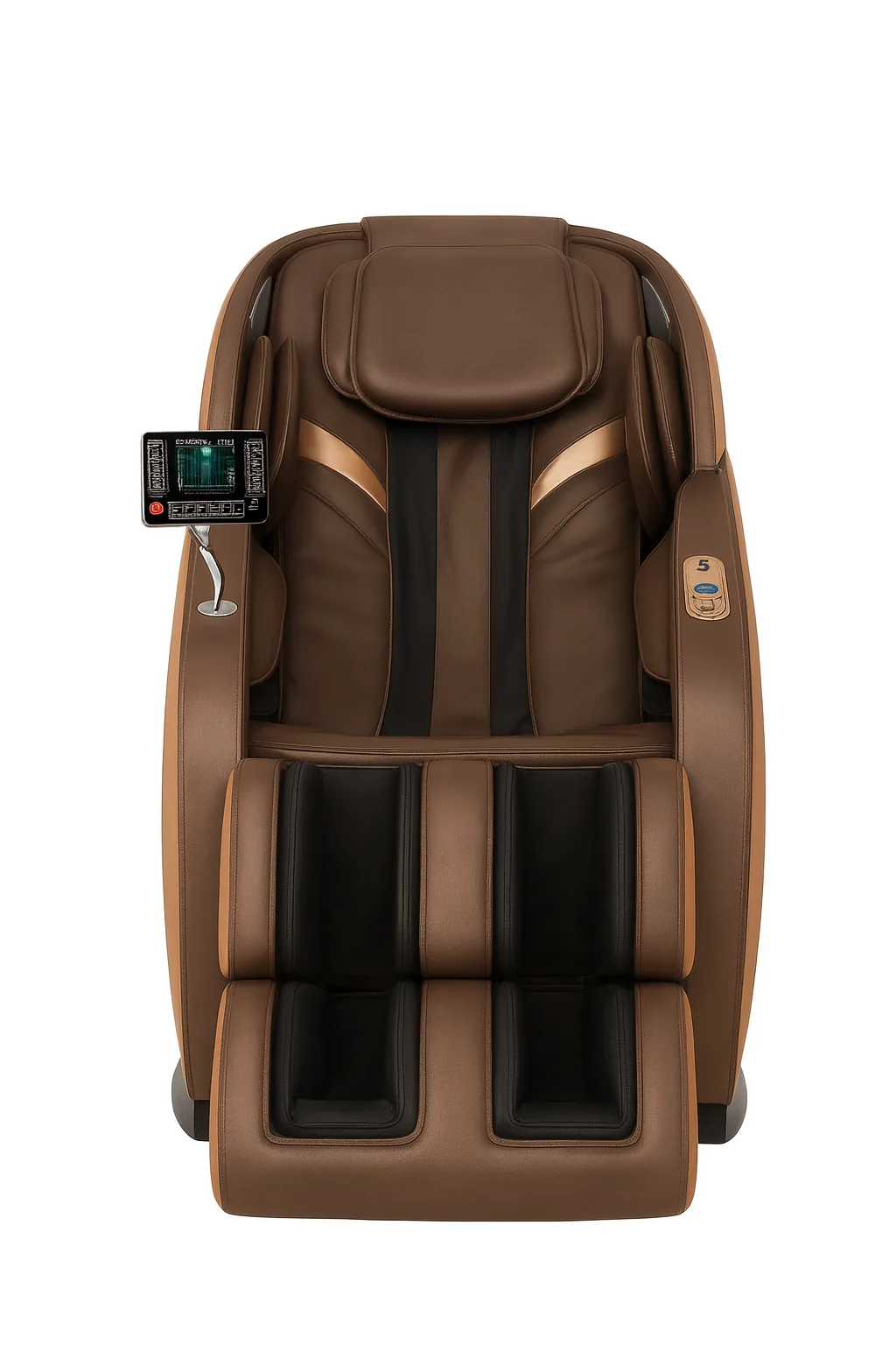 iRELAX Pure Massagesessel in Wood-Grain-Optik – Detail von Armlehne und Bedienung