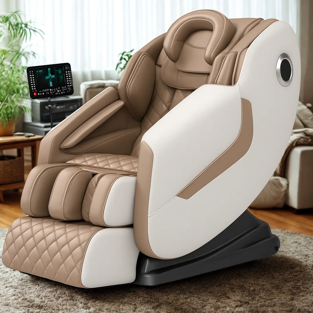 iRELAX Go Massagesessel in Beige – Seitenansicht im Wohnzimmer