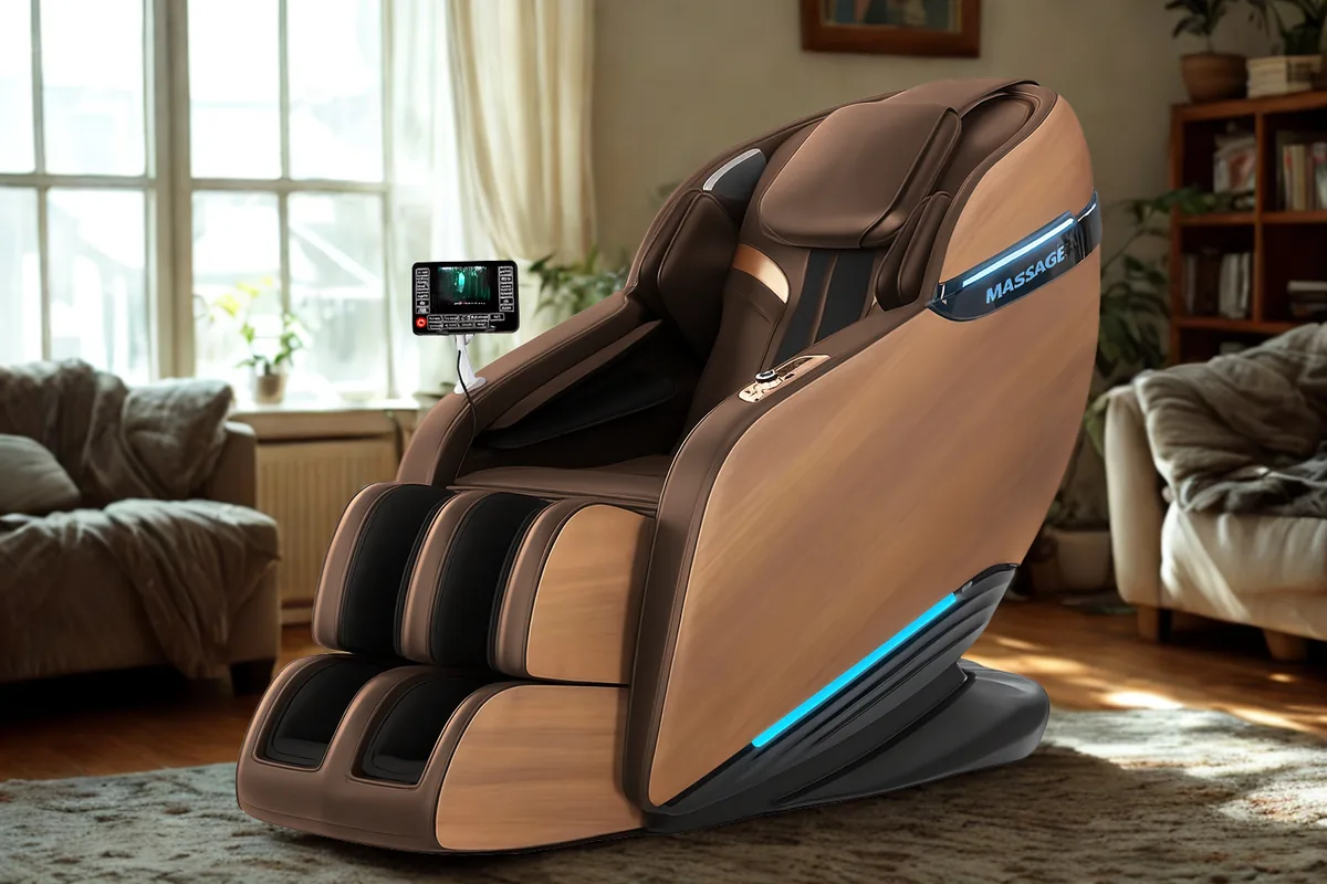 iRELAX Pure Massagesessel in Wood-Grain-Optik – Ansicht von schräg vorne