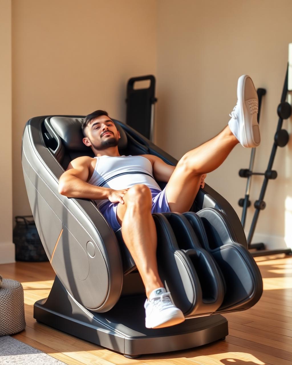 Sportler regeneriert die Beine in einem Massagesessel