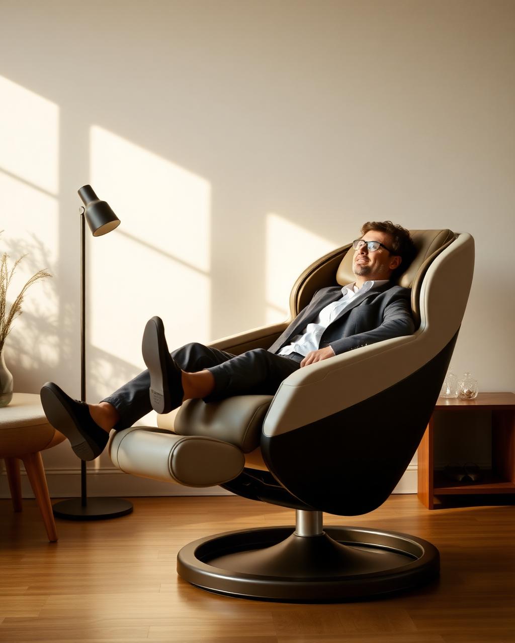 Person entspannt nach der Arbeit in einem Massagesessel