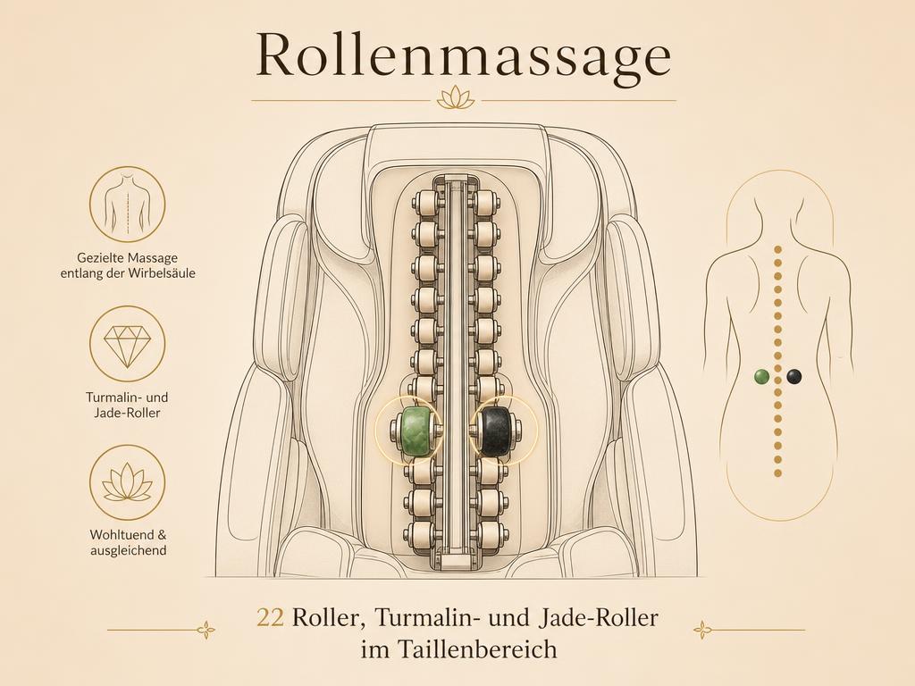 Grafik: Rollenmassage mit 22 Rollern sowie Turmalin- und Jade-Rollern